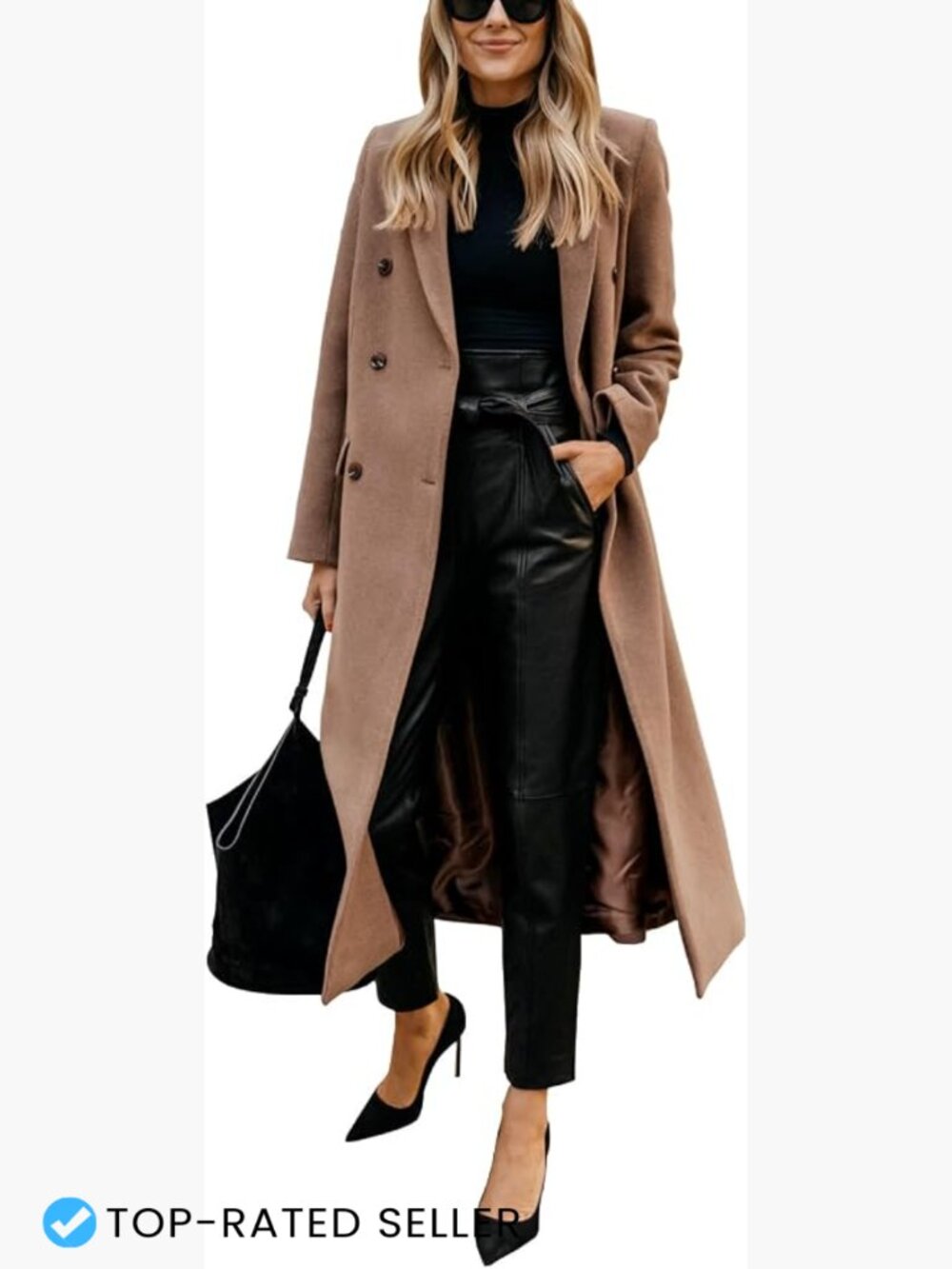 Long Wool Blend Pea Coat Classic Double Breasted Notch Lapel Winter Jacket